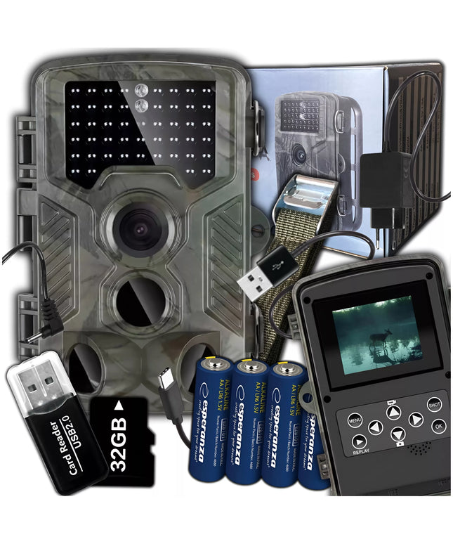 Medžioklės kamera, miško kamera, IR, PL meniu, IP65, 32 GB kortelė + baterijos