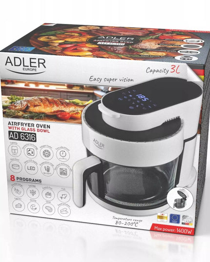 Adler Air Fryer stiklinis dubuo 3L, 1400W galia, halogeninis kaitinimo elementas