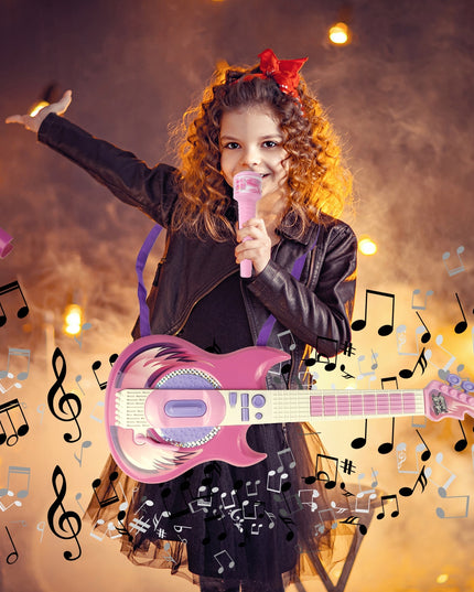 Elektrinė roko gitara su karaoke mikrofonu ant stovo vaikams