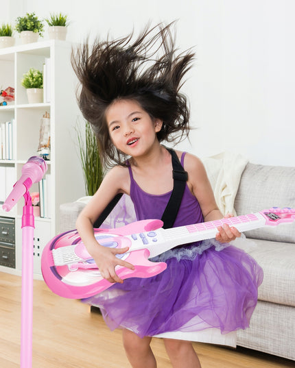 Elektrinė roko gitara su karaoke mikrofonu ant stovo vaikams