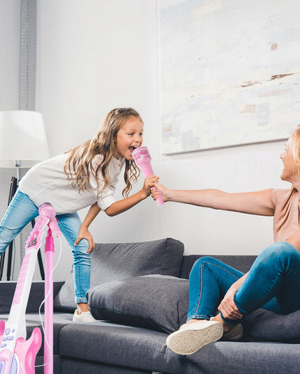 Elektrinė roko gitara su karaoke mikrofonu ant stovo vaikams