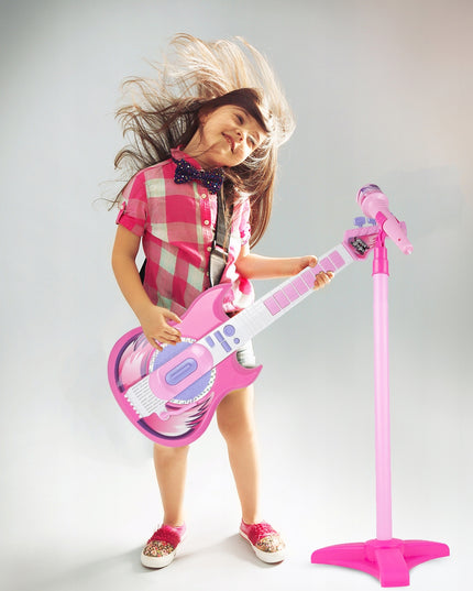 Elektrinė roko gitara su karaoke mikrofonu ant stovo vaikams