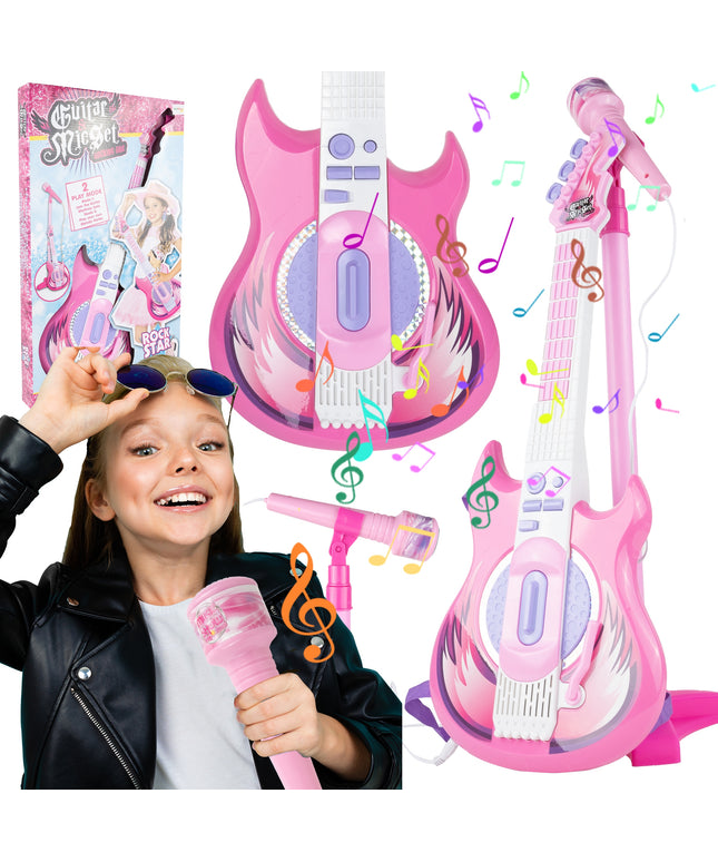 Elektrinė roko gitara su karaoke mikrofonu ant stovo vaikams