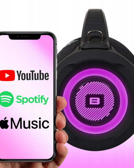 Nešiojamas belaidis Bluetooth garsiakalbis su SD, FM radiju, USB, AUX, mobiliuoju radiju ir dirželiu