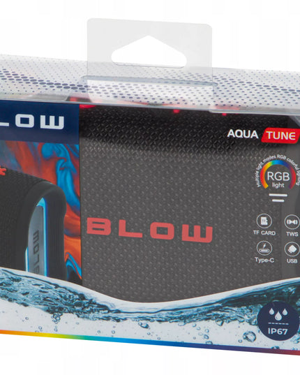 Nešiojamas belaidis „Bluetooth“ garsiakalbis BLOW AQUA TUNE, atsparus vandeniui IP67, FM radijas, USB, RGB