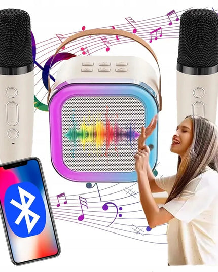 Przydasie.pl nešiojamoji „Bluetooth“ karaokės kolonėlė RGB, 2 mikrofonai, mini „Jack“, USB, SD