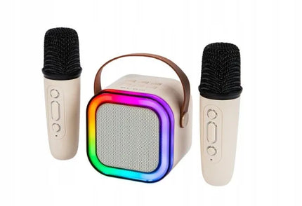 Przydasie.pl nešiojama „Bluetooth“ karaokė kolonėlė su RGB apšvietimu, 2 mikrofonais, „Mini Jack“, USB ir SD