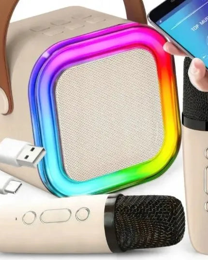 Przydasie.pl nešiojamoji „Bluetooth“ karaokės kolonėlė RGB, 2 mikrofonai, mini „Jack“, USB, SD