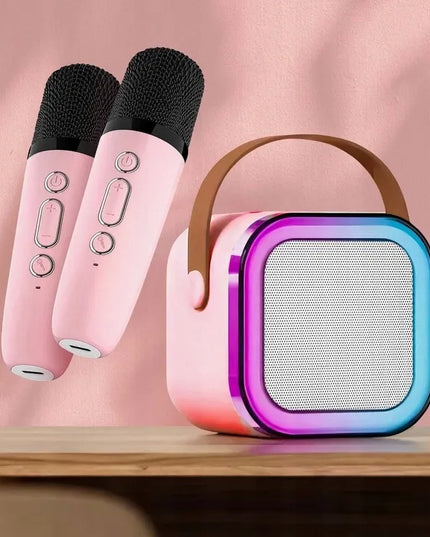 Przydasie.pl nešiojamoji „Bluetooth“ karaokės kolonėlė RGB, 2 mikrofonai, mini „Jack“, USB, SD