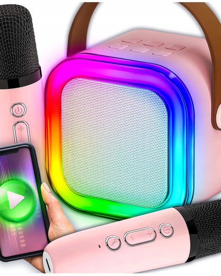Przydasie.pl nešiojama „Bluetooth“ karaokė kolonėlė su RGB apšvietimu, 2 mikrofonais, „Mini Jack“, USB ir SD