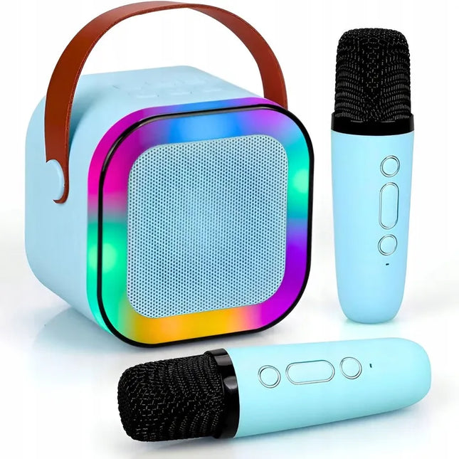 Przydasie.pl nešiojamoji „Bluetooth“ karaokės kolonėlė RGB, 2 mikrofonai, mini „Jack“, USB, SD