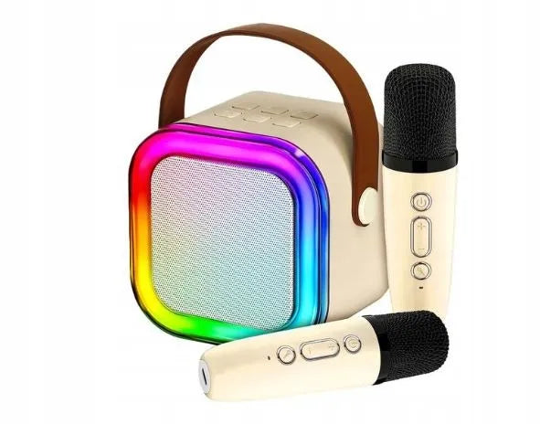 Przydasie.pl nešiojama „Bluetooth“ karaokė kolonėlė su RGB apšvietimu, 2 mikrofonais, „Mini Jack“, USB ir SD