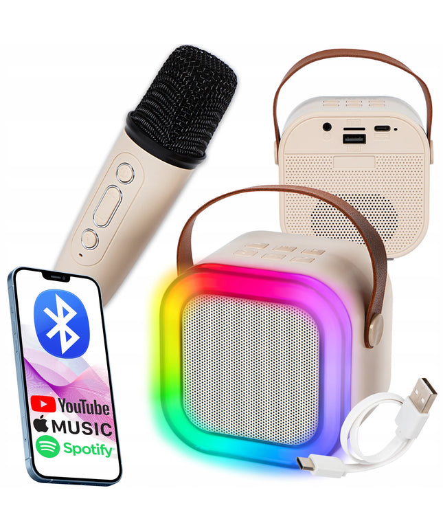 Nešiojamas „Bluetooth“ karaokės rinkinys su RGB garsiakalbiu ir mikrofonu, USB, mini jungtis