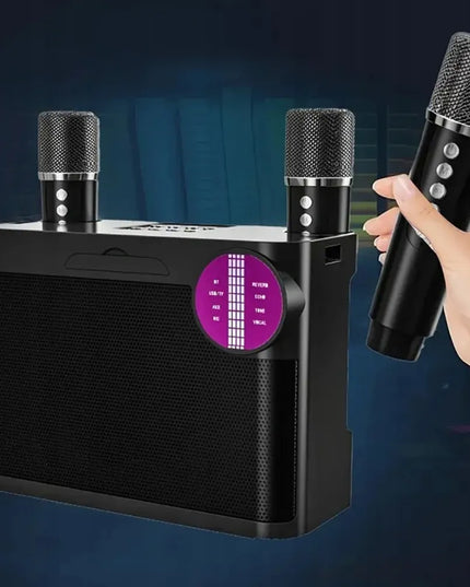 Bedee Bluetooth karaoke kolonėlė su RGB LED apšvietimu ir 2 mikrofonais – kompaktiška dovana