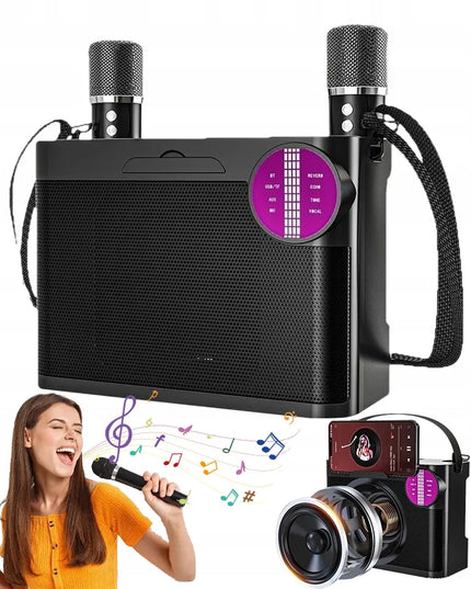 Bedee Bluetooth karaoke kolonėlė su RGB LED apšvietimu ir 2 mikrofonais – kompaktiška dovana