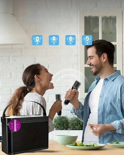 Bedee Bluetooth karaoke kolonėlė su RGB LED apšvietimu ir 2 mikrofonais – kompaktiška dovana