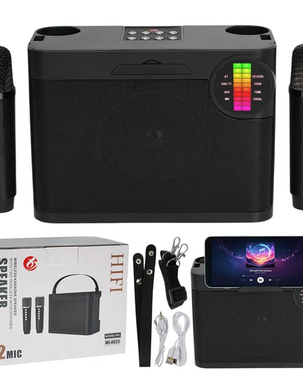Bedee Bluetooth karaoke kolonėlė su RGB LED apšvietimu ir 2 mikrofonais – kompaktiška dovana