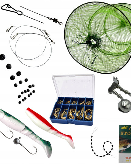 Paruoštas Žvejybos Rinkinys vandeniui: tinklas, masalai, kabliukai, stoperiai