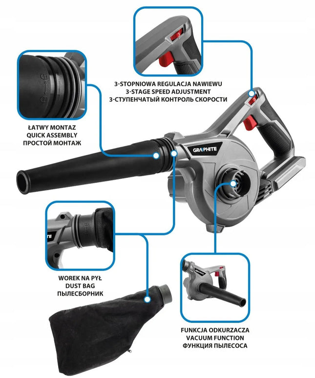 GRAPHITE 18V akumuliatorinis sodo pūstuvas ir siurblys 58GE118