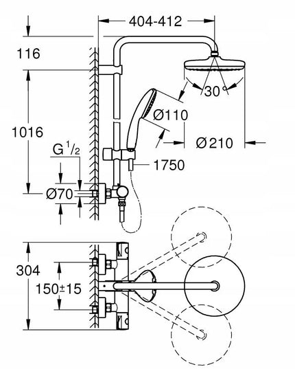 GROHE Tempesta System 210 dušo sistema su termostatu ir viršutine dušo galvute