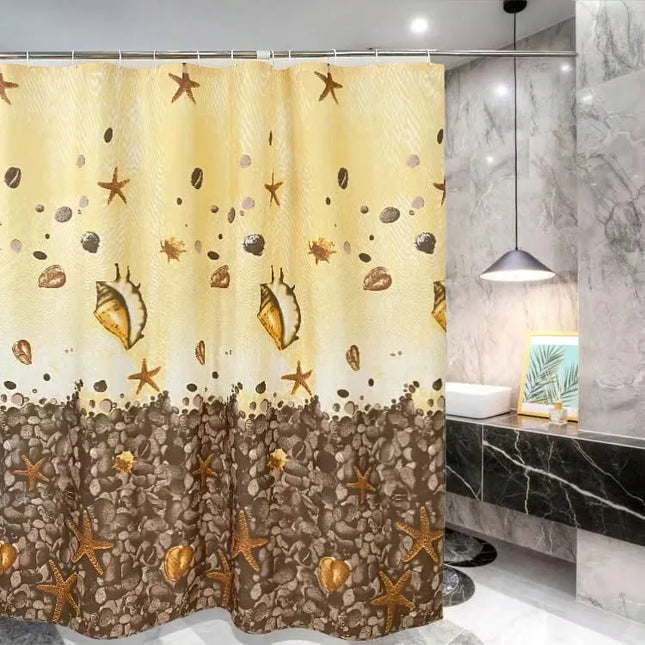 Tvirta poliesterinė dušo užuolaida 180x180 cm su kriauklelių raštu, smėlio ir rudos spalvos
