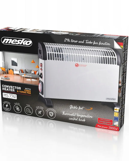 Energiją taupantis elektrinis konvektorius Mesko MS 7741W su ventiliatoriumi ir laikmačiu
