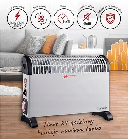 Energiją taupantis elektrinis konvektorius Mesko MS 7741W su ventiliatoriumi ir laikmačiu
