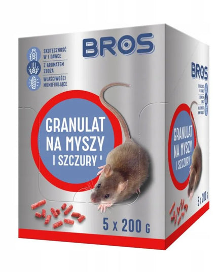 BROS granulės pelėms ir žiurkėms, 5 × 200 g, naudoti pastatų viduje ir aplink juos