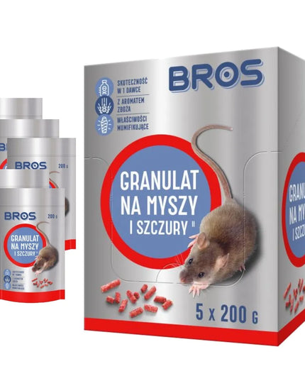 BROS granulės pelėms ir žiurkėms, 5 × 200 g, naudoti pastatų viduje ir aplink juos