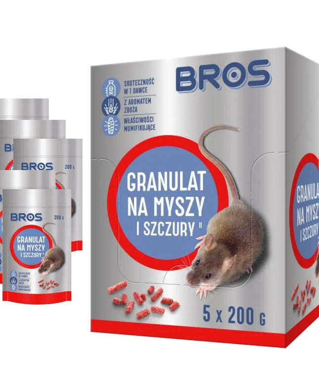 BROS granulės pelėms ir žiurkėms, 5 × 200 g, naudoti pastatų viduje ir aplink juos