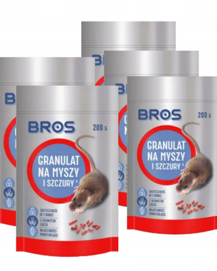 BROS granulės pelėms ir žiurkėms, 5 × 200 g, naudoti pastatų viduje ir aplink juos