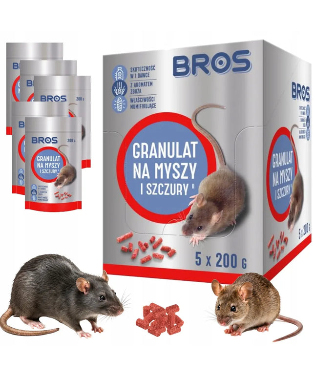 BROS granulės pelėms ir žiurkėms, 5 × 200 g, naudoti pastatų viduje ir aplink juos