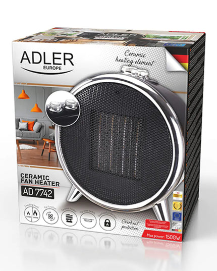 Elektrinis keraminis šildytuvas Adler AD 7742, termostatas, ventiliatoriaus režimas, 1500W