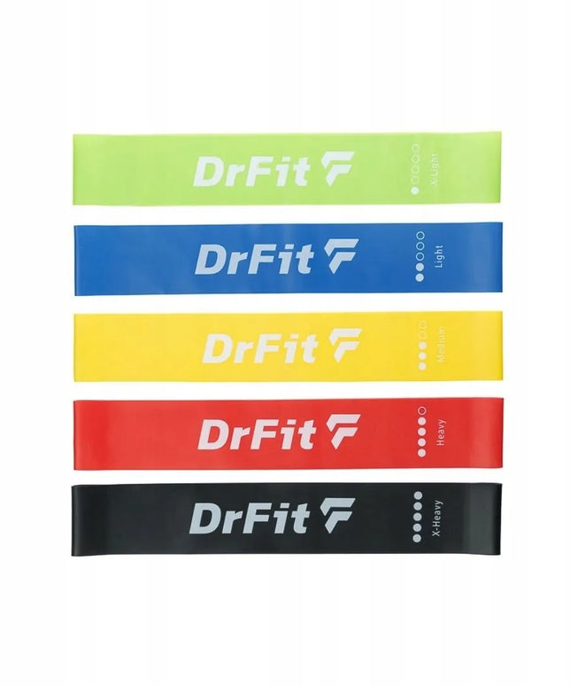DrFit pasipriešinimo gumos 5 vnt. rinkinys – lateksinės, patvarios + NEMOKAMA TRENIRUOTĖ!