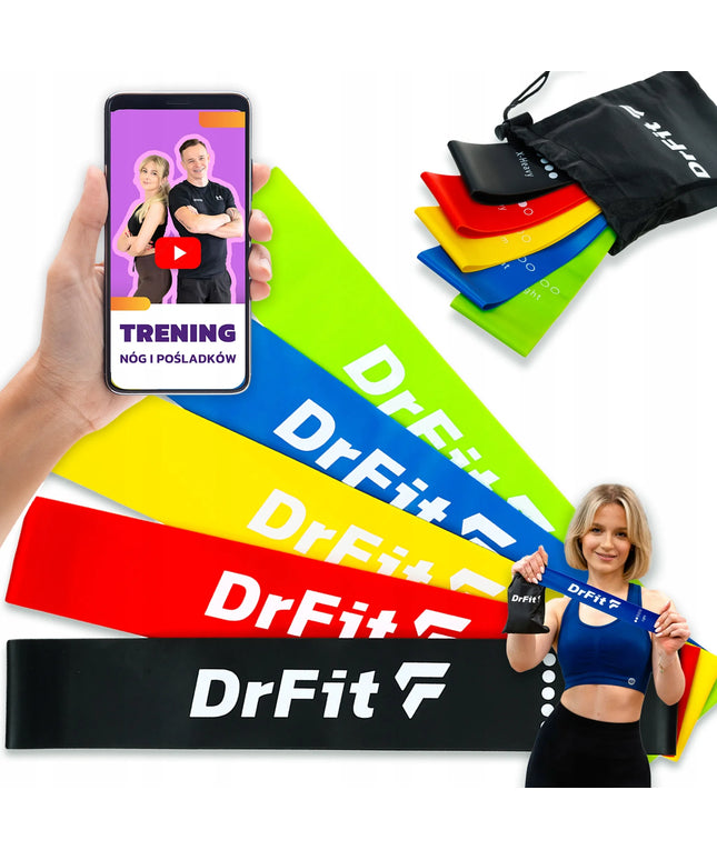 DrFit pasipriešinimo gumos 5 vnt. rinkinys – lateksinės, patvarios + NEMOKAMA TRENIRUOTĖ!