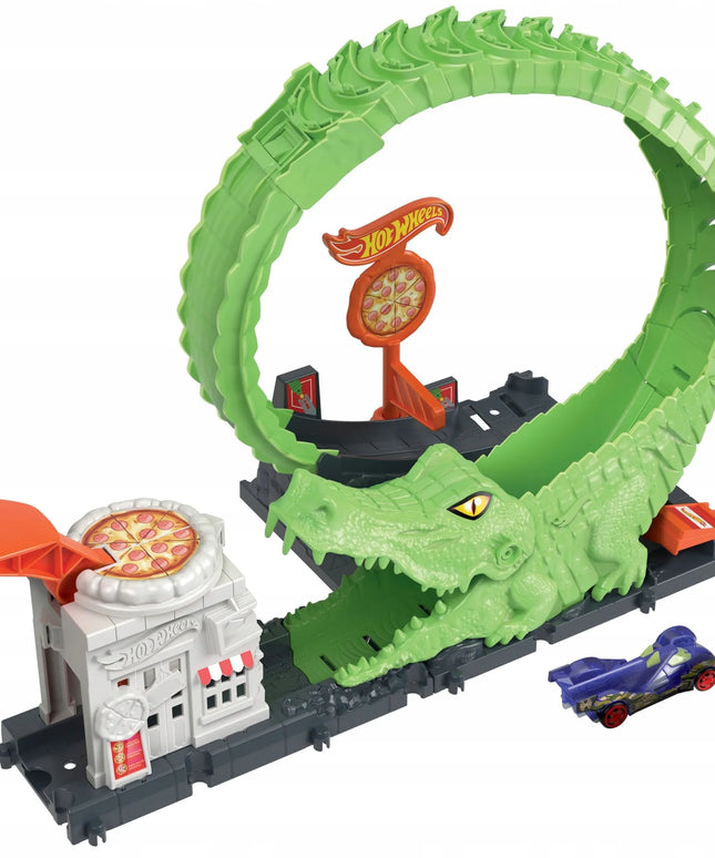Hot Wheels City krokodilo nasrų kilpos automobilių trasa su automobiliu