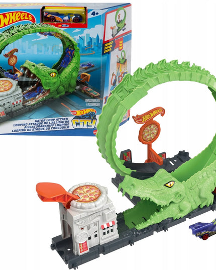 Hot Wheels City krokodilo nasrų kilpos automobilių trasa su automobiliu