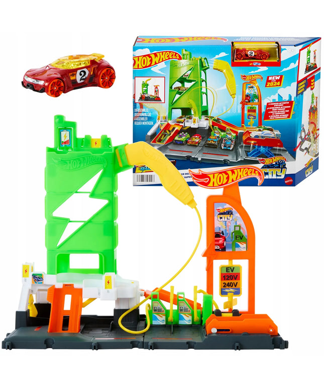 Hot Wheels City elektromobilių įkrovimo stotelės rinkinys su automobiliuku, nuo 3 metų