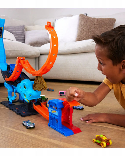 „Hot Wheels“ didelis automobilių trasos rinkinys „T-Rexa“ kilpa su paleidimo mechanizmu ir automobiliu