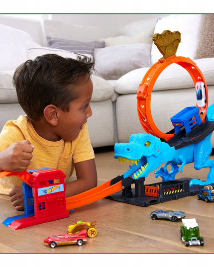 „Hot Wheels“ didelis automobilių trasos rinkinys „T-Rexa“ kilpa su paleidimo mechanizmu ir automobiliu