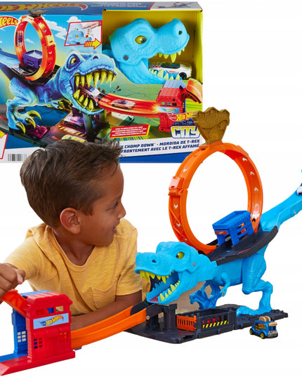 „Hot Wheels“ didelis automobilių trasos rinkinys „T-Rexa“ kilpa su paleidimo mechanizmu ir automobiliu