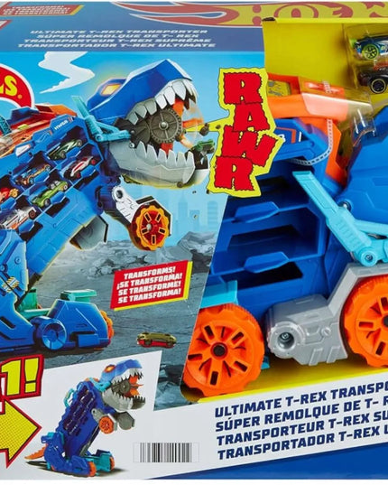 „Hot Wheels“ mega transporteris „T-Rex“ 2 viename su lenktynių trasa ir 2 automobiliukais