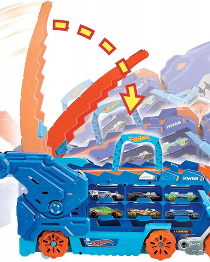 „Hot Wheels“ mega transporteris „T-Rex“ 2 viename su lenktynių trasa ir 2 automobiliukais