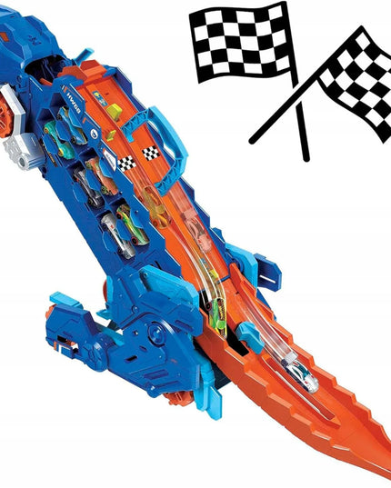 „Hot Wheels“ mega transporteris „T-Rex“ 2 viename su lenktynių trasa ir 2 automobiliukais