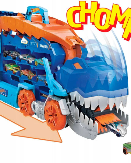 „Hot Wheels“ mega transporteris „T-Rex“ 2 viename su lenktynių trasa ir 2 automobiliukais
