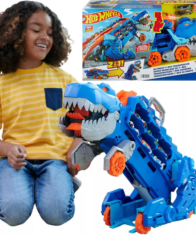 „Hot Wheels“ mega transporteris „T-Rex“ 2 viename su lenktynių trasa ir 2 automobiliukais