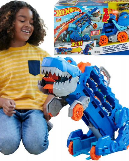 „Hot Wheels“ mega transporteris „T-Rex“ 2 viename su lenktynių trasa ir 2 automobiliukais
