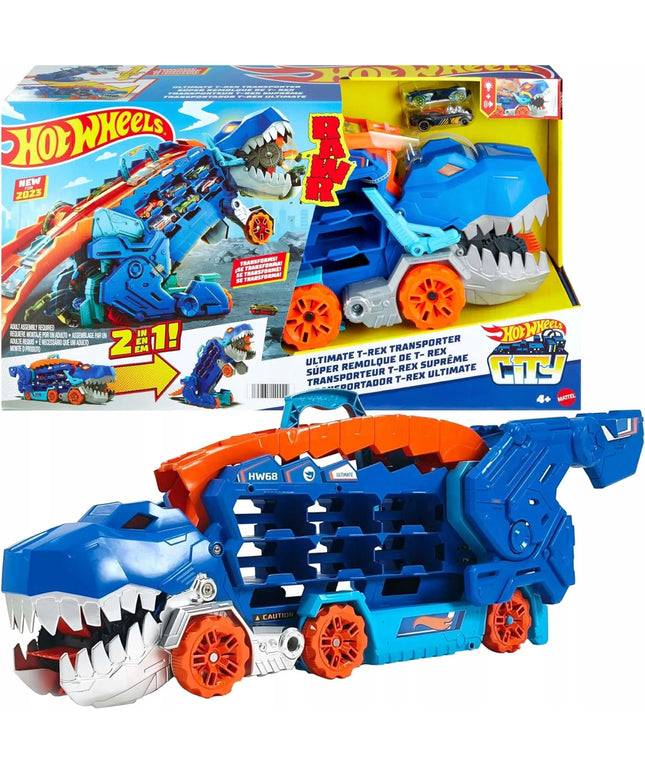 „Hot Wheels“ mega transporteris „T-Rex“ 2 viename su lenktynių trasa ir 2 automobiliukais