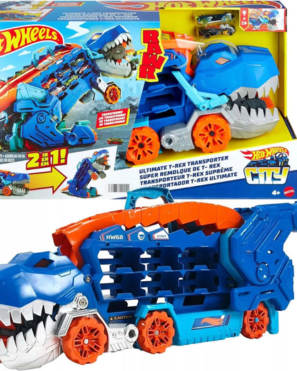 „Hot Wheels“ mega transporteris „T-Rex“ 2 viename su lenktynių trasa ir 2 automobiliukais