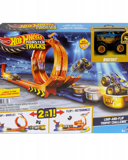 „Hot Wheels“ „Bigfoot“ trasa su kilpa ir šuoliu į trofėjų – „Monster Trucks“ rinkinys